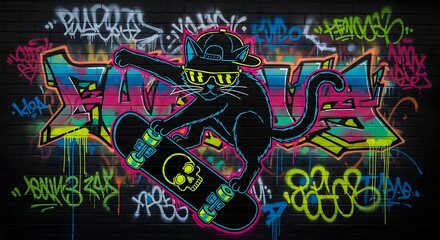Cool black cat riding a skateboard, graffiti street art style, bold outlines, neon colors.
