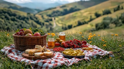 Picnic basket with fruits, bread, olives, and beer on a mountaintop.
