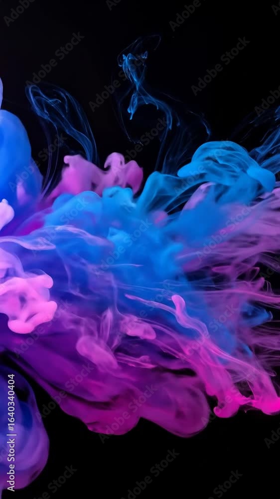Poster abstract blue and purple ink flowing together in black background creating dynamic swirls and elegan