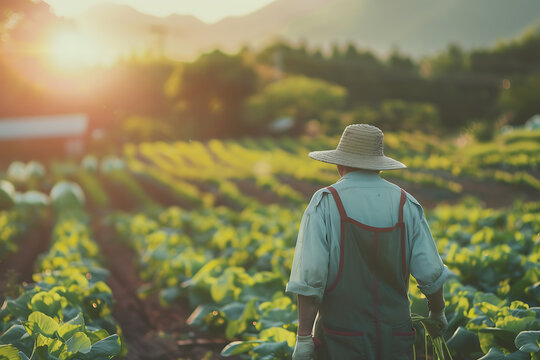 緑豊かな畑で作物を見守る日本人農家の後ろ姿と農業風景