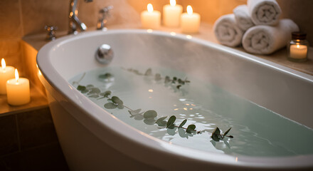 Relaxing Steaming Bath with Eucalyptus Leaves and Candles for a Serene Spa Experience