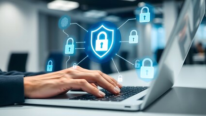 Fototapeta premium A person's hands typing on a laptop with a holographic interface showing a shield and padlocks for cybersecurity and data protection.