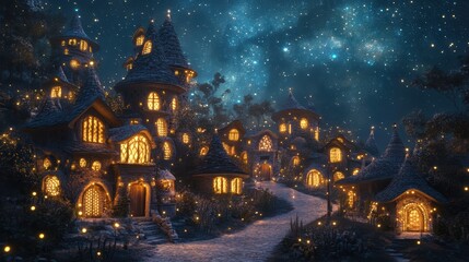 A magical village under a starry sky, featuring whimsical houses with illuminated windows and a snow-covered path, creating a serene winter atmosphere.