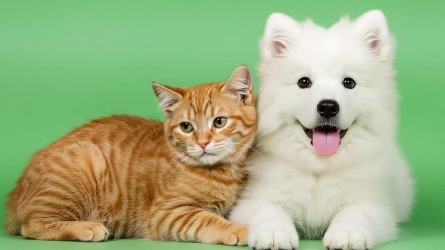 a dog and a cat , Dog and cat, cute, adorable, green screen, green background, footage, 4k footage, videos, video clip, slow motion, video wallpaper, animation, 4k