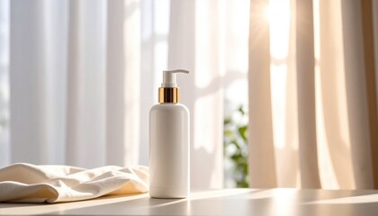 Elegant White Bottle with Gold Cap Resting on Table Showcasing Minimalist Design and Modern Aesthetic