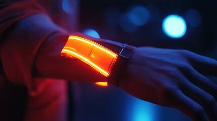A glowing red wearable device on a person's wrist, set against a blurred backdrop of cool blue lights.