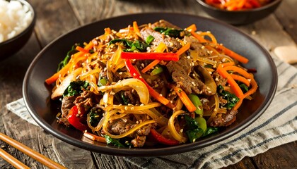 Savory Japchae Noodles with Beef and Vegetables in an Appetizing Still Life, Korean Cuisine Japchae with Stir-Fried Beef, Vegetables, and Glass Noodles