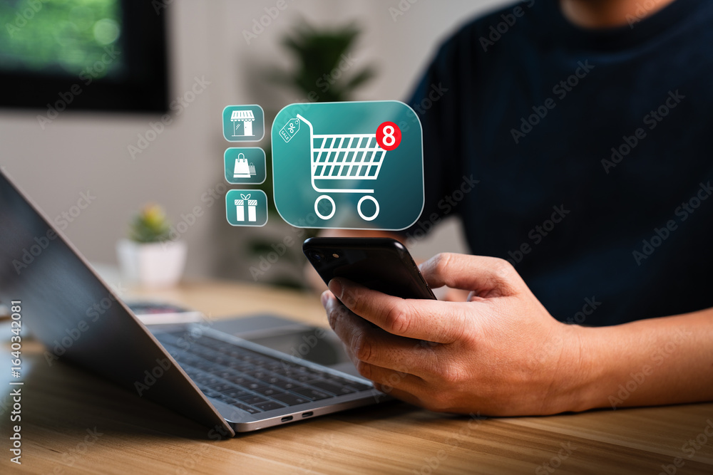 Poster online shopping concept showing a person using a smartphone with digital shopping cart notification 