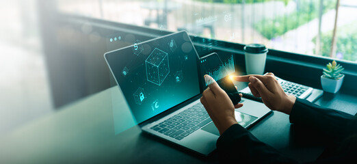 Blockchain technology innovation concept with digital cube network hologram, financial data on smartphone, illustrating secure cryptocurrency transactions, data integrity, decentralized finance