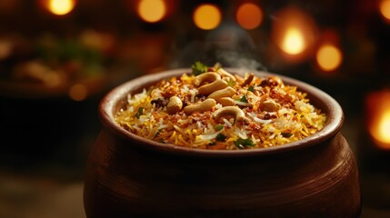 biryani served in an earthen pot, topped with crispy fried onions and cashews, styled for food advertising on blurred background