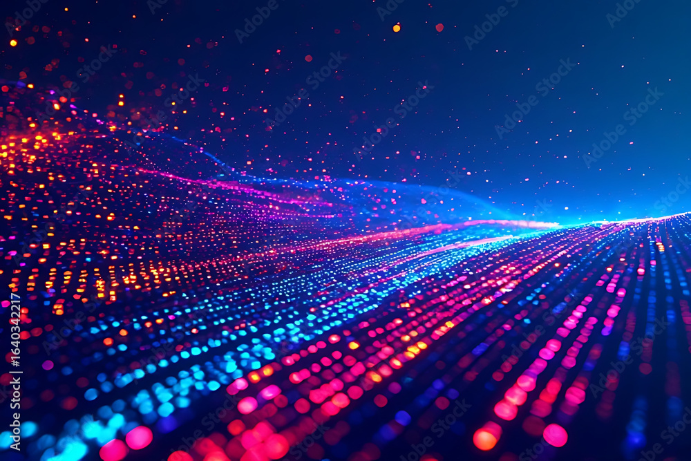 Wall mural trajectories of neon light traverse an abstract space, creating a sense of speed and digital depth, 
