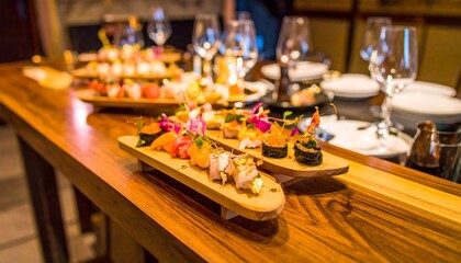 Gourmet Sushi Appetizers Artfully Arranged on a Polished Wooden Bar Top