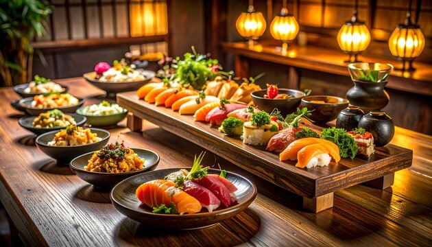 Exquisite Sushi Presentation on Wooden Table, Featuring Nigiri and Rolls, A Culinary Delight, Luxurious Japanese Cuisine in a Fine Dining Setting - Powered by Adobe