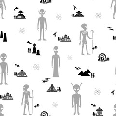 Seamless Alien Pattern – Extraterrestrial Beings, UFOs, and Ancient Temples in Futuristic Sci-Fi Design
