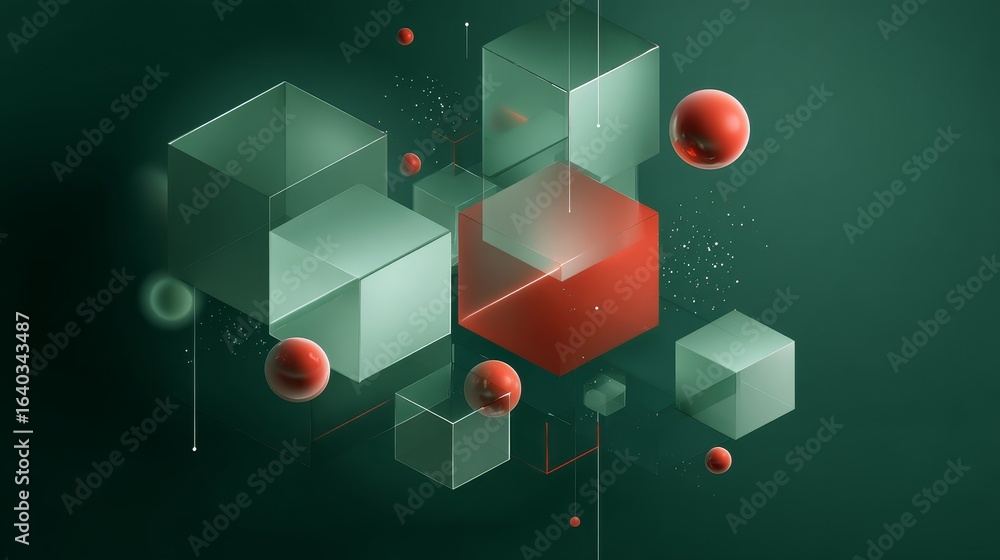 Poster abstract composition featuring geometric cubes and spheres in modern digital design with depth and p