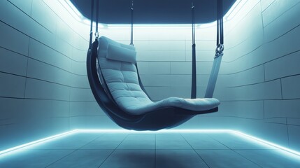 A modern, suspended chair in a minimalist, illuminated space with sleek lines and a calming atmosphere.