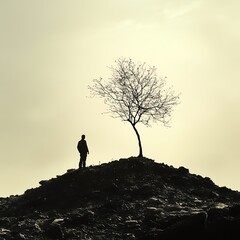 Striving to Return to a Sense of Normalcy After Disruption in a Post-Apocalyptic Landscape with a Tree Silhouette    high resolution   for isolate image