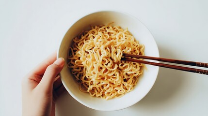 Top view of noodles in a bowl, held by chopsticks, symbolizing asian cuisine and quick meal, with hand visible in shot