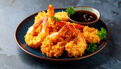 Fototapeta premium Crispy deep-fried panko breaded shrimp tempura served with a soy dipping sauce on a dark ceramic plate