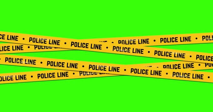 Animated design of yellow caution tape interlacing with POLICE LINE text on a green chroma key