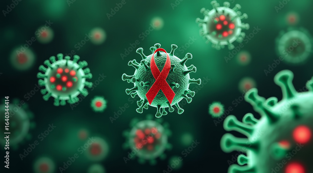Poster hiv virus concept ,green antibody spheres targeting red virus hiv with dynamic background create str