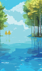 Obraz premium A painting of a lake with trees and clouds in the background. The trees are orange and the sky is blue