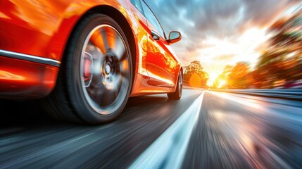 Orange sports car speeding sunset highway