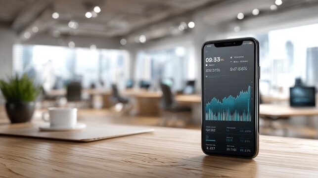 A modern smartphone displaying financial data sits on a wooden desk in an office, with a view of a bright, contemporary workspace in the background.