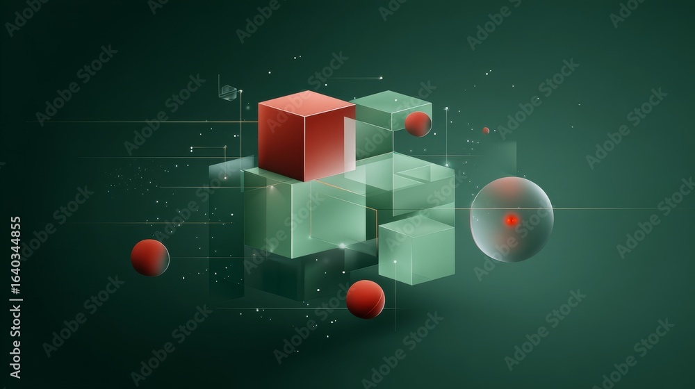 Aufkleber an abstract composition features 3d geometric cubes and spheres with transparent elements and red do