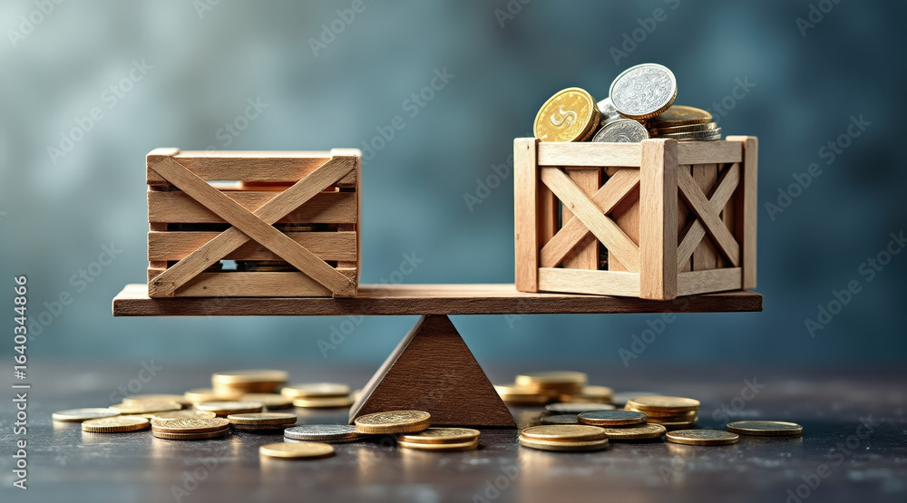 Poster visual balance of coins and crates symbolizes value and trade, showcasing thoughtful metaphor for ec
