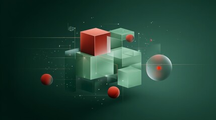An abstract composition features 3D geometric cubes and spheres with transparent elements and red dots in a minimalist modern style.