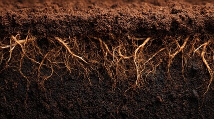A close-up view of soil showcasing intricate roots, highlighting the connection between plants and the ground.