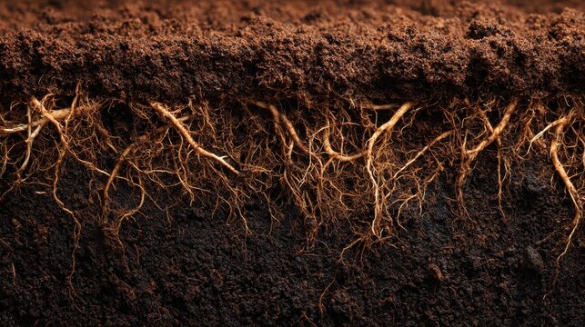 A close-up view of soil showcasing intricate roots, highlighting the connection between plants and the ground.