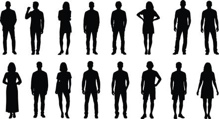 Collection of silhouette figures of standing people, including men and women in various poses, styles, and clothing