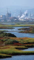 Fototapeta premium A landscape featuring industrial structures and smokestacks near a waterfront, surrounded by lush green marshland and water, depicting a blend of nature and industry.