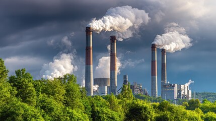 Obraz premium A power plant emits smoke from its tall chimneys, surrounded by greenery under a dramatic sky.