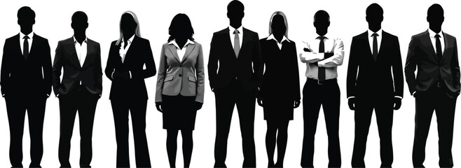 Silhouette of a diverse business team standing together, representing teamwork, leadership, and professional success in corporate world