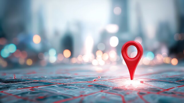  Digital map interface shows red location marker. City landscape blurred background. Tech map displays city streets, pathways. Navigation, urban planning tech. Modern software for route planning