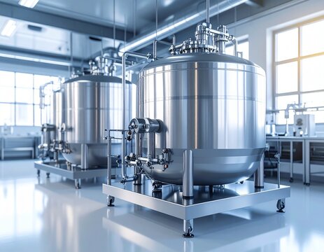 Large industrial biotechnology reactor tanks in a modern factory setting, used for large-scale fermentation and bioprocessing in pharmaceutical and food industries.