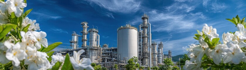 A vibrant industrial scene featuring a large facility surrounded by blooming flowers under a clear blue sky.