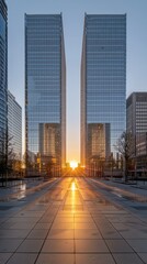 Fototapeta premium Sunrise between two skyscrapers