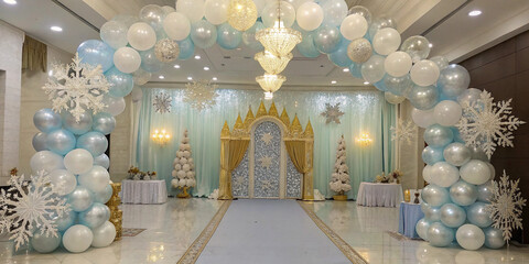 Elegant Frozen-inspired party with pastel icy balloons, lace-like snowflake garlands, and a shimmering gold-and-silver backdrop, inside a royal ice palace hall, ultra-HD.
