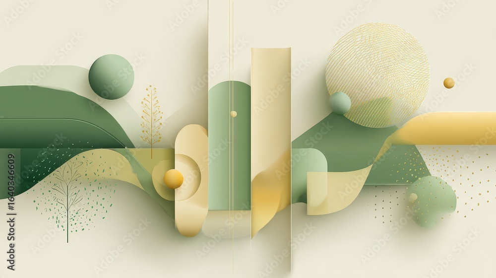 Poster an abstract design featuring soft green and beige geometric shapes with flowing curves and balanced 