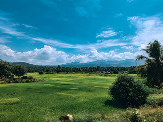 Lush green rice fields under a bright blue sky with distant mountains create a serene rural escape