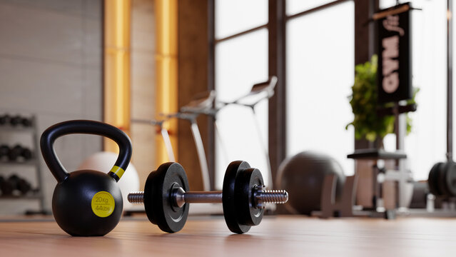 Modern fitness studio interior featuring a black kettlebell labeled &ldquo;20 kg / 44 lbs&rdquo; and a black dumbbell on a wooden floor- 3D rendering