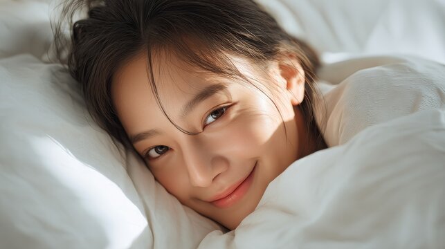 A young Asian woman lies comfortably in bed with white bedding, smiling gently under soft sunlight, suggesting relaxation and morning rest.