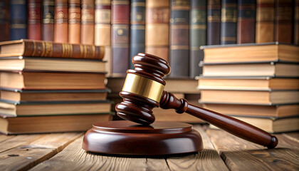 Gavel with Books, Justice, and Law Library.