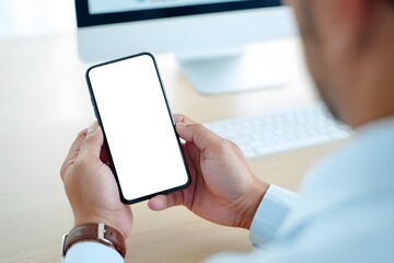 Mockup, woman's hands holding mobile phone with blank screen in coffee shop. Woman using smartphone, looking at the screen, over shoulder view