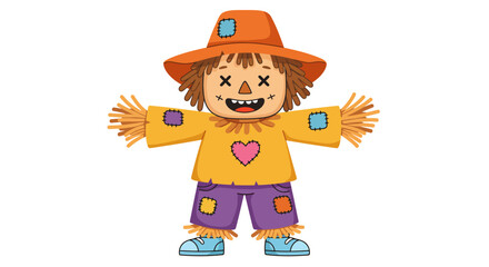 A Friendly Cartoon Scarecrow Character Standing with Open Arms Wearing a Patchwork Outfit and a Hat Ready for Autumn Harvest Season Activities