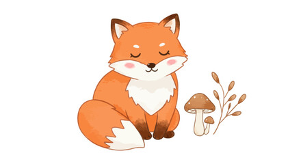 Obraz premium Adorable Sitting Fox with Eyes Closed Next to a Mushroom and Autumn Leaves Illustration